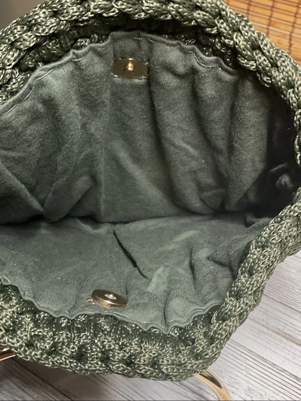 Handwoven Dark Olive Shoulder Bag with Gold Ring Handles